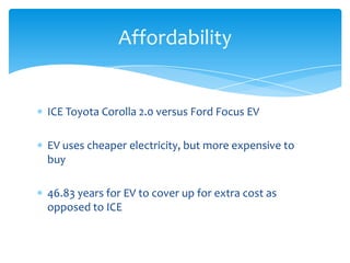 Affordability


ICE Toyota Corolla 2.0 versus Ford Focus EV

EV uses cheaper electricity, but more expensive to
buy

46.83 years for EV to cover up for extra cost as
opposed to ICE
 