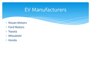 EV Manufacturers

Nissan Motors
Ford Motors
Toyota
Mitsubishi
Honda
 