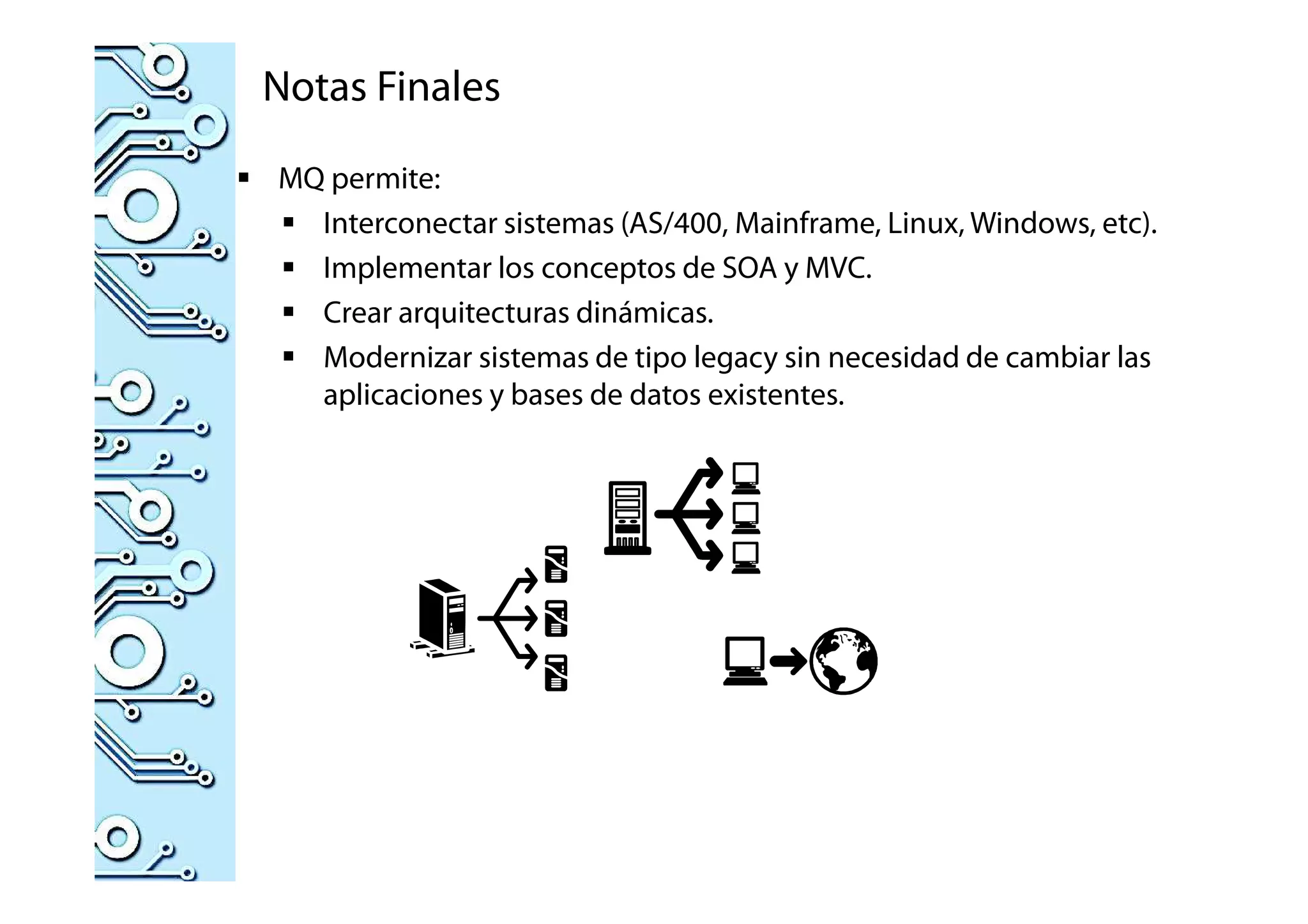 Notas Finales
MQ permite:
Interconectar sistemas (AS/400, Mainframe, Linux, Windows, etc).
Implementar los conceptos de SOA y MVC.
Crear arquitecturas dinámicas.
Modernizar sistemas de tipo legacy sin necesidad de cambiar las
aplicaciones y bases de datos existentes.
 