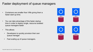 Faster deployment of queue managers
11Think 2018 / March 20, 2018 / © 2018 IBM Corporation
• Containers are smaller than VMs giving them a
faster start-up time.
• You can take advantage of this faster startup
time in order to deploy single, resource isolated
queue managers faster
• This allows:
• Developers to quickly provision their own
queue manager
• Fast scaling up of queue managers.
 