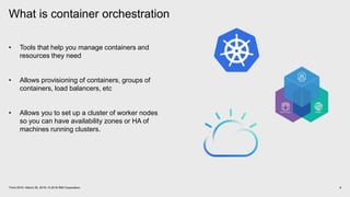 What is container orchestration
8Think 2018 / March 20, 2018 / © 2018 IBM Corporation
• Tools that help you manage containers and
resources they need
• Allows provisioning of containers, groups of
containers, load balancers, etc
• Allows you to set up a cluster of worker nodes
so you can have availability zones or HA of
machines running clusters.
 