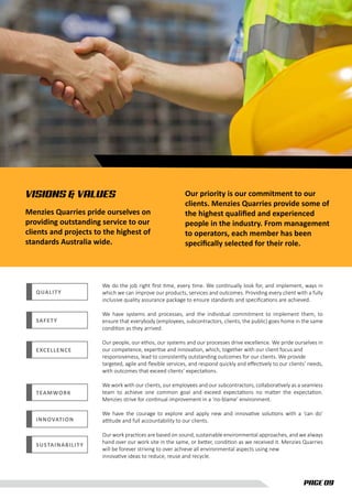 VISIONS & VALUES
Menzies Quarries pride ourselves on
providing outstanding service to our
clients and projects to the highest of
standards Australia wide.
Our priority is our commitment to our
clients. Menzies Quarries provide some of
the highest qualiﬁed and experienced
people in the industry. From management
to operators, each member has been
speciﬁcally selected for their role.
QUALITY
We do the job right ﬁrst time, every time. We continually look for, and implement, ways in
which we can improve our products, services and outcomes. Providing every client with a fully
inclusive quality assurance package to ensure standards and speciﬁcations are achieved.
We have systems and processes, and the individual commitment to implement them, to
ensure that everybody (employees, subcontractors, clients, the public) goes home in the same
condition as they arrived.
Our people, our ethos, our systems and our processes drive excellence. We pride ourselves in
our competence, expertise and innovation, which, together with our client focus and
responsiveness, lead to consistently outstanding outcomes for our clients. We provide
targeted, agile and ﬂexible services, and respond quickly and eﬀectively to our clients’ needs,
with outcomes that exceed clients’ expectations.
We work with our clients, our employees and our subcontractors, collaboratively as a seamless
team to achieve one common goal and exceed expectations no matter the expectation.
Menzies strive for continual improvement in a ‘no-blame’ environment.
We have the courage to explore and apply new and innovative solutions with a ‘can do’
attitude and full accountability to our clients.
Our work practices are based on sound, sustainable environmental approaches, and we always
hand over our work site in the same, or better, condition as we received it. Menzies Quarries
will be forever striving to over achieve all environmental aspects using new
innovative ideas to reduce, reuse and recycle.
SAFETY
EXCELLENCE
TEAMWORK
INNOVATION
SUSTAINABILITY
PAGE 09
 