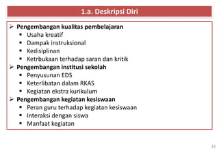 16
1.a. Deskripsi Diri
 Pengembangan kualitas pembelajaran
 Usaha kreatif
 Dampak instruksional
 Kedisiplinan
 Ketrbukaan terhadap saran dan kritik
 Pengembangan institusi sekolah
 Penyusunan EDS
 Keterlibatan dalam RKAS
 Kegiatan ekstra kurikulum
 Pengembangan kegiatan kesiswaan
 Peran guru terhadap kegiatan kesiswaan
 Interaksi dengan siswa
 Manfaat kegiatan
 