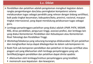 20
 Pendidikan dan pelatihan adalah pengalaman mengikuti kegiatan dalam
rangka pengembangan dan/atau peningkatan kompetensi selama
melaksanakan tugas sebagai pendidik yang relevan dengan bidang sertifikasi,
baik pada tingkat kecamatan, kabupaten/kota, provinsi, nasional, maupun
tingkat internasional, yang dapat mendukung pelaksanaan tugas sebagai
guru.
 Lembaga penyelenggara pelatihan yang diakui adalah LPMP, P4TK, MGMP,
KKG, dinas pendidikan, perguruan tinggi, asosiasi profesi, dan lembaga lain
yang diakui Kementerian Pendidikan dan Kebudayaan atau Kementerian
Riset Teknologi dan Pendidikan Tinggi.
 Workshop/lokakarya yang sekurang-kurangnya dilaksanakan 30 jam pelatihan
dan menghasilkan karya dapat dikategorikan ke dalam sub komponen ini.
 Bukti fisik sub komponen pendidikan dan pelatihan ini berupa sertifikat atau
piagam asli yang dikeluarkan oleh lembaga penyelenggara yang sah.
Sertifikat/piagam pendidikan dan pelatihan dapat dinilai apabila:
 dikeluarkan oleh lembaga/institusi penyelenggara yang kredibel;
 memenuhi asas kepatutan dan kewajaran;
1.c. Diklat
 