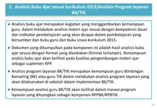 21
 Analisis buku ajar merupakan kegiatan yang menggambarkan kemampuan
guru dalam melakukan analisis materi ajar sesuai dengan kompetensi dasar
dan indikator pembelajaran yang akan dicapai dalam pembelajaran yang
bersumber dari buku guru dan buku siswa kurikulum 2013.
 Dokumen yang dikumpulkan pada komponen ini adalah hasil analisis buku
ajar sesuai dengan format yang disediakan (format terlampir). Kemampuan
analsis buku ajar akan terlihat pada kualitas pengembangan materi ajar
sebagai suplemen RPP.
 Analisis program layanan BK/TIK merupakan kemampuan guru Bimbingan
Konseling (BK) atau guru TIK dalam melakukan analisis program layanan yang
akan dilaksanakan di sekolah dalam implementasi BK/TIK.
 Kemampuan analisis guru BK/TIK akan terlihat dalam inovasi program
layanan yang dituangkan sebagai komponen RPPBK/RPBTIK.
2. Analisis Buku Ajar sesuai kurikulum 2013/Analisis Program layanan
BK/TIK
 