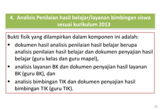 23
Bukti fisik yang dilampirkan dalam komponen ini adalah:
 dokumen hasil analisis penilaian hasil belajar berupa
analisis penilaian hasil belajar dan dokumen penyajian hasil
belajar (guru kelas dan guru mapel),
 analisis layanan BK dan dokumen penyajian hasil layanan
BK (guru BK), dan
 analisis bimbingan TIK dan dokumen penyajian hasil
bimbingan TIK (guru TIK).
4. Analisis Penilaian hasil belajar/layanan bimbingan siswa
sesuai kurikulum 2013
 