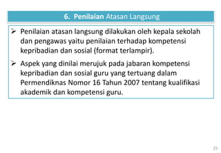 25
 Penilaian atasan langsung dilakukan oleh kepala sekolah
dan pengawas yaitu penilaian terhadap kompetensi
kepribadian dan sosial (format terlampir).
 Aspek yang dinilai merujuk pada jabaran kompetensi
kepribadian dan sosial guru yang tertuang dalam
Permendiknas Nomor 16 Tahun 2007 tentang kualifikasi
akademik dan kompetensi guru.
6. Penilaian Atasan Langsung
 