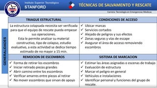 TÉCNICAS DE SALVAMENTO Y RESCATE
Carrera: Tecnología en Emergencias Medicas
GENERALIDADES
TRIAGUE ESTRUCTURAL CONDICIONES DE ACCESO
La estructura colapsada necesita ser verificada
para que el equipo de rescate pueda empezar
sus operaciones.
Esta le permite analizar su material
constructivo, tipo de colapso, estudio
evaluativo, a esta actividad se dedica tiempo
estimado de no mayor a 15 min.
 Ubicar marcas
 Servicios cortados
 Alejado de peligros y sus efectos
 Zonas seguras y vías de escape
 Asegurar el área de acceso removiendo
escombros
REMOCION DE ESCOMBROS SISTEMA DE MARCACION
 Forma de retirar los escombros
 Iniciar retirado piezas grandes
 Abrir camino entre los escombros
 Verificar amarres entre piezas al retirar
 No mover escombros que sirvan de apoyo
 Estimar las áreas asignadas o escenas de trabajo
 Evaluación de estructura
 Marcar el peligro en general
 Vehículos e instalaciones
 Identificar personal y funciones del grupo de
rescate.
 