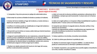TÉCNICAS DE SALVAMENTO Y RESCATE
Carrera: Tecnología en Emergencias Medicas
GENERALIDADES
1. Comprobar si hay otras personas en peligro de caída desde altura.
2.Interrumpir las acciones alrededor de donde se produce el incidente.
3. Evaluar de forma metódica al lugar del incidente y si existe víctimas u
objetos por recuperar y atender
4. Verificar si la victima puede ser estabilizada en el lugar del incidente o
requiere ser atendida fuera del lugar.
5. No permitir que la víctima se mueva y sobre todo que intente levantarse
antes de ser examinada.
6. Asegurar la permeabilidad de las vías respiratorias, evitando flexionar la
columna cervical, estabilizarla manualmente o p. ej. entre las rodillas,
permeabilizar las vías respiratorias desplazando la mandíbula hacia delante
o tirándola por los dientes (elevar la mandíbula), revisión de la columna
vertebral para asegurar la misma al igual que la cabeza.
7. Realizar una rápida evaluación del trauma en otro lugar del cuerpo,
verificar si está consciente si presenta:
a. dolor en la zona de la columna vertebral, parestesias o alteraciones de la
sensibilidad, o siempre que esté inconsciente → actuar como en la fractura
de columna
b. dolor en la región pélvica o si el examen refleja inestabilidad de la pelvis o
despierta dolor → actuar como en la fractura de pelvis.
8. Comprimir para detener el sangrado externo, Recordar verificar si hay
síntomas de neumotórax
a tensión y/o taponamiento cardíaco, complicaciones que requieren una
actuación inmediataun (conducta en neumotórax a tensión,
pericardiocentesis).
9. Colocar apósitos en las heridas, inmovilizar extremidades.
10. Cubrir la víctima para disminuir la pérdida de calor
11. Realizar la anamnesis según el esquema SAMPLE . La caída de altura
puede ser consecuencia de un desmayo o pérdida de conciencia.
12. Trasladar al paciente a una superficie dura (camilla rígida) e inmovilizarlo
con arnés; recordar inmovilizar la cabeza.
P R I M E R O S A U X I L I O S
(pasos según el rescate)
 