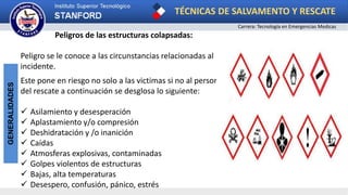 TÉCNICAS DE SALVAMENTO Y RESCATE
Carrera: Tecnología en Emergencias Medicas
GENERALIDADES
Peligros de las estructuras colapsadas:
Peligro se le conoce a las circunstancias relacionadas al
incidente.
Este pone en riesgo no solo a las victimas si no al personal
del rescate a continuación se desglosa lo siguiente:
 Asilamiento y desesperación
 Aplastamiento y/o compresión
 Deshidratación y /o inanición
 Caídas
 Atmosferas explosivas, contaminadas
 Golpes violentos de estructuras
 Bajas, alta temperaturas
 Desespero, confusión, pánico, estrés
 