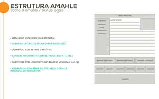 ESTRUTURA AMAHLE
sobre a amahle / textos legais
MENU PRINCIPAL
SUBMENU QUEM SOMOS
QUEM SOMOS
CURSOS
DEMONSTRAÇÃO
NOSSAS LOJAS
BANNER DESTAQUE
RODAPÉ
LOGOTIPO LOGOTIPO LOGOTIPO LOGOTIPO LOGOTIPO LOGOTIPO
BANNER DESTAQUE BANNER DESTAQUE
• MENU FIXO SUPERIOR COM CATEGORIA
• SUBMENU LATERAL COM LINKS PARA NAVEGAÇÃO
• CONTEÚDO COM TEXTOS E IMAGENS
• BANNERS INFORMATIVOS (FRETE, PARCELAMENTO, ETC.)
• CARROSSEL COM LOGOTIPOS DAS MARCAS VENDIDAS NA LOJA
• RODAPÉ FIXO COM MAPA DO SITE, REDES SOCIAIS E
INSCRIÇÃO DE NEWSLETTER
 