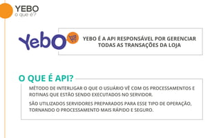 YEBO
o que é?
YEBO É A API RESPONSÁVEL POR GERENCIAR
TODAS AS TRANSAÇÕES DA LOJA
O QUE É API?
MÉTODO DE INTERLIGAR O QUE O USUÁRIO VÊ COM OS PROCESSAMENTOS E
ROTINAS QUE ESTÃO SENDO EXECUTADOS NO SERVIDOR.
SÃO UTILIZADOS SERVIDORES PREPARADOS PARA ESSE TIPO DE OPERAÇÃO,
TORNANDO O PROCESSAMENTO MAIS RÁPIDO E SEGURO.
 