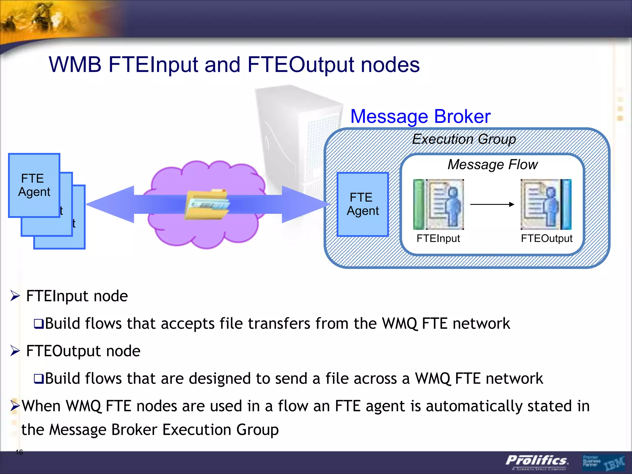 WMB FTEInput and FTEOutput nodes

                                                Message Broker
                                                        Execution Group
                                                              Message Flow
 FTE
 Agent
   FTE                                          FTE
     FTE
   Agent                                        Agent
     Agent
                                                         FTEInput         FTEOutput




 FTEInput node
     Build flows that accepts file transfers from the WMQ FTE network

 FTEOutput node
     Build flows that are designed to send a file across a WMQ FTE network

When WMQ FTE nodes are used in a flow an FTE agent is automatically stated in
 the Message Broker Execution Group
16
 