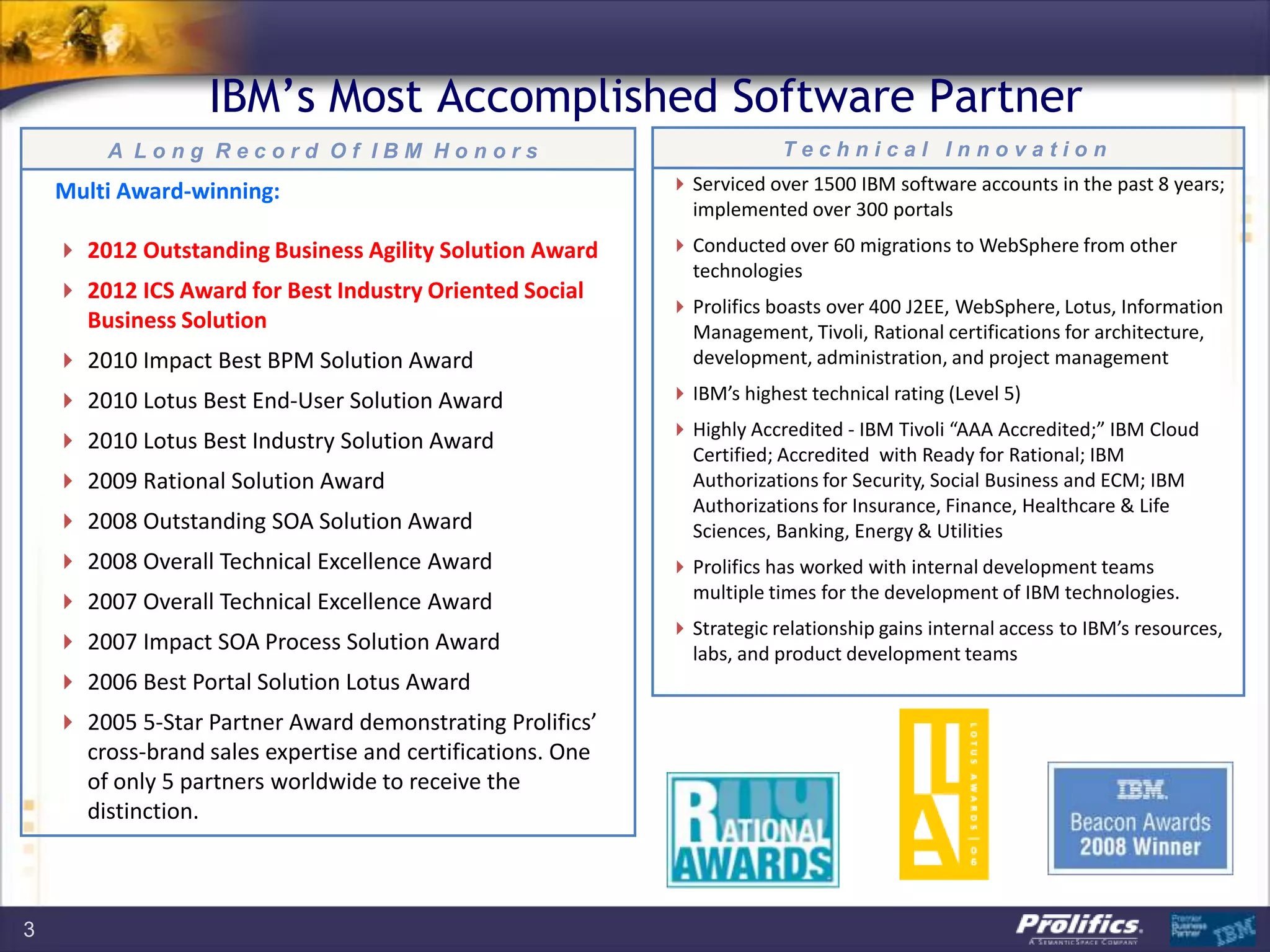 IBM‟s Most Accomplished Software Partner
         A Long Record Of IBM Honors                                     Technical Innovation

    Multi Award-winning:                                     Serviced over 1500 IBM software accounts in the past 8 years;
                                                              implemented over 300 portals
     2012 Outstanding Business Agility Solution Award       Conducted over 60 migrations to WebSphere from other
                                                              technologies
     2012 ICS Award for Best Industry Oriented Social
                                                             Prolifics boasts over 400 J2EE, WebSphere, Lotus, Information
      Business Solution                                       Management, Tivoli, Rational certifications for architecture,
     2010 Impact Best BPM Solution Award                     development, administration, and project management

     2010 Lotus Best End-User Solution Award                IBM’s highest technical rating (Level 5)
                                                             Highly Accredited - IBM Tivoli “AAA Accredited;” IBM Cloud
     2010 Lotus Best Industry Solution Award
                                                              Certified; Accredited with Ready for Rational; IBM
     2009 Rational Solution Award                            Authorizations for Security, Social Business and ECM; IBM
                                                              Authorizations for Insurance, Finance, Healthcare & Life
     2008 Outstanding SOA Solution Award                     Sciences, Banking, Energy & Utilities
     2008 Overall Technical Excellence Award                Prolifics has worked with internal development teams
     2007 Overall Technical Excellence Award                 multiple times for the development of IBM technologies.
                                                             Strategic relationship gains internal access to IBM’s resources,
     2007 Impact SOA Process Solution Award                  labs, and product development teams
     2006 Best Portal Solution Lotus Award
     2005 5-Star Partner Award demonstrating Prolifics’
      cross-brand sales expertise and certifications. One
      of only 5 partners worldwide to receive the
      distinction.



3
 