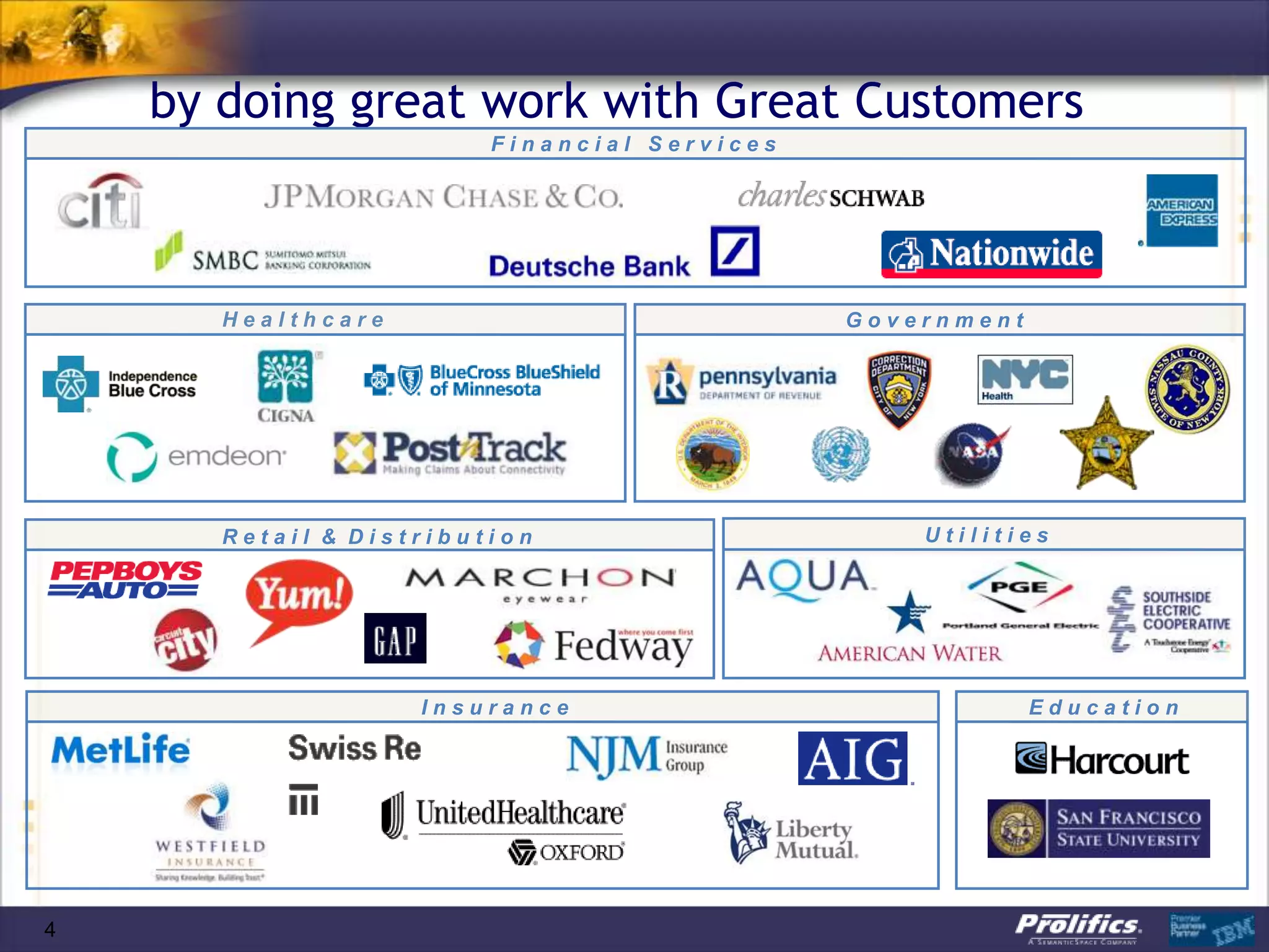 by doing great work with Great Customers
                         Financial Services




       Healthcare                             Government




       Retail & Distribution                      Utilities




                    Insurance                              Education




4
 