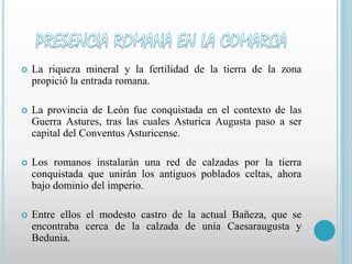  La riqueza mineral y la fertilidad de la tierra de la zona 
propició la entrada romana. 
 La provincia de León fue conquistada en el contexto de las 
Guerra Astures, tras las cuales Asturica Augusta paso a ser 
capital del Conventus Asturicense. 
 Los romanos instalarán una red de calzadas por la tierra 
conquistada que unirán los antiguos poblados celtas, ahora 
bajo dominio del imperio. 
 Entre ellos el modesto castro de la actual Bañeza, que se 
encontraba cerca de la calzada de unía Caesaraugusta y 
Bedunia. 
 