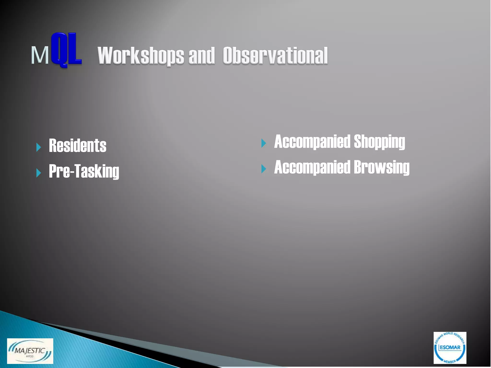    Residents        Accompanied Shopping
   Pre-Tasking      Accompanied Browsing
 