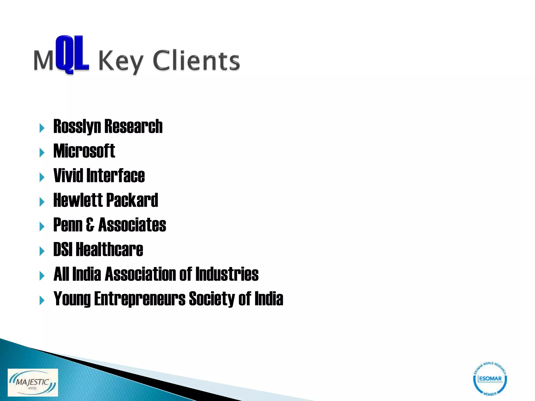    Rosslyn Research
   Microsoft
   Vivid Interface
   Hewlett Packard
   Penn & Associates
   DSI Healthcare
   All India Association of Industries
   Young Entrepreneurs Society of India
 