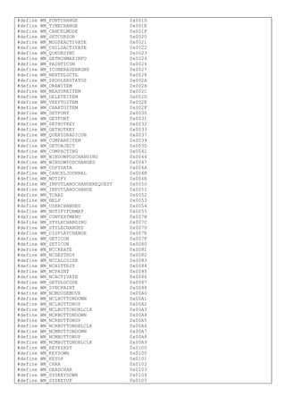 #define WM_FONTCHANGE 0x001D
#define WM_TIMECHANGE 0x001E
#define WM_CANCELMODE 0x001F
#define WM_SETCURSOR 0x0020
#define WM_MOUSEACTIVATE 0x0021
#define WM_CHILDACTIVATE 0x0022
#define WM_QUEUESYNC 0x0023
#define WM_GETMINMAXINFO 0x0024
#define WM_PAINTICON 0x0026
#define WM_ICONERASEBKGND 0x0027
#define WM_NEXTDLGCTL 0x0028
#define WM_SPOOLERSTATUS 0x002A
#define WM_DRAWITEM 0x002B
#define WM_MEASUREITEM 0x002C
#define WM_DELETEITEM 0x002D
#define WM_VKEYTOITEM 0x002E
#define WM_CHARTOITEM 0x002F
#define WM_SETFONT 0x0030
#define WM_GETFONT 0x0031
#define WM_SETHOTKEY 0x0032
#define WM_GETHOTKEY 0x0033
#define WM_QUERYDRAGICON 0x0037
#define WM_COMPAREITEM 0x0039
#define WM_GETOBJECT 0x003D
#define WM_COMPACTING 0x0041
#define WM_WINDOWPOSCHANGING 0x0046
#define WM_WINDOWPOSCHANGED 0x0047
#define WM_COPYDATA 0x004A
#define WM_CANCELJOURNAL 0x004B
#define WM_NOTIFY 0x004E
#define WM_INPUTLANGCHANGEREQUEST 0x0050
#define WM_INPUTLANGCHANGE 0x0051
#define WM_TCARD 0x0052
#define WM_HELP 0x0053
#define WM_USERCHANGED 0x0054
#define WM_NOTIFYFORMAT 0x0055
#define WM_CONTEXTMENU 0x007B
#define WM_STYLECHANGING 0x007C
#define WM_STYLECHANGED 0x007D
#define WM_DISPLAYCHANGE 0x007E
#define WM_GETICON 0x007F
#define WM_SETICON 0x0080
#define WM_NCCREATE 0x0081
#define WM_NCDESTROY 0x0082
#define WM_NCCALCSIZE 0x0083
#define WM_NCHITTEST 0x0084
#define WM_NCPAINT 0x0085
#define WM_NCACTIVATE 0x0086
#define WM_GETDLGCODE 0x0087
#define WM_SYNCPAINT 0x0088
#define WM_NCMOUSEMOVE 0x00A0
#define WM_NCLBUTTONDOWN 0x00A1
#define WM_NCLBUTTONUP 0x00A2
#define WM_NCLBUTTONDBLCLK 0x00A3
#define WM_NCRBUTTONDOWN 0x00A4
#define WM_NCRBUTTONUP 0x00A5
#define WM_NCRBUTTONDBLCLK 0x00A6
#define WM_NCMBUTTONDOWN 0x00A7
#define WM_NCMBUTTONUP 0x00A8
#define WM_NCMBUTTONDBLCLK 0x00A9
#define WM_KEYFIRST 0x0100
#define WM_KEYDOWN 0x0100
#define WM_KEYUP 0x0101
#define WM_CHAR 0x0102
#define WM_DEADCHAR 0x0103
#define WM_SYSKEYDOWN 0x0104
#define WM_SYSKEYUP 0x0105
 