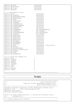 #define AW_HIDE 0x00010000
#define AW_ACTIVATE 0x00020000
#define AW_SLIDE 0x00040000
#define AW_BLEND 0x00080000
//---- MessageBox() Flags
#define MB_OK 0x00000000
#define MB_OKCANCEL 0x00000001
#define MB_ABORTRETRYIGNORE 0x00000002
#define MB_YESNOCANCEL 0x00000003
#define MB_YESNO 0x00000004
#define MB_RETRYCANCEL 0x00000005
#define MB_ICONHAND 0x00000010
#define MB_ICONQUESTION 0x00000020
#define MB_ICONEXCLAMATION 0x00000030
#define MB_ICONASTERISK 0x00000040
#define MB_USERICON 0x00000080
#define MB_ICONWARNING MB_ICONEXCLAMATION
#define MB_ICONERROR MB_ICONHAND
#define MB_ICONINFORMATION MB_ICONASTERISK
#define MB_ICONSTOP MB_ICONHAND
#define MB_DEFBUTTON1 0x00000000
#define MB_DEFBUTTON2 0x00000100
#define MB_DEFBUTTON3 0x00000200
#define MB_DEFBUTTON4 0x00000300
#define MB_APPLMODAL 0x00000000
#define MB_SYSTEMMODAL 0x00001000
#define MB_TASKMODAL 0x00002000
#define MB_HELP 0x00004000 // Help Button
#define MB_NOFOCUS 0x00008000
#define MB_SETFOREGROUND 0x00010000
#define MB_DEFAULT_DESKTOP_ONLY 0x00020000
#define MB_TOPMOST 0x00040000
#define MB_RIGHT 0x00080000
#define MB_RTLREADING 0x00100000
//---- Dialog Box Command IDs
#define IDOK 1
#define IDCANCEL 2
#define IDABORT 3
#define IDRETRY 4
#define IDIGNORE 5
#define IDYES 6
#define IDNO 7
#define IDCLOSE 8
#define IDHELP 9
//+------------------------------------------------------------------+
Scripts
//+------------------------------------------------------------------+
//| Period_Converter.mq4 |
//| Copyright © 2005, MetaQuotes Software Corp. |
//| http://www.metaquotes.net |
//+------------------------------------------------------------------+
#property copyright "Copyright © 2005, MetaQuotes Software Corp."
#property link "http://www.metaquotes.net"
#property show_inputs
#include <WinUser32.mqh>
extern int ExtPeriodMultiplier=3; // new period multiplier factor
int ExtHandle=-1;
//+------------------------------------------------------------------+
//| script program start function |
//+------------------------------------------------------------------+
 