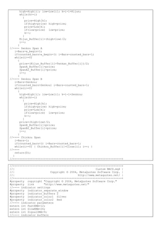high=High[i]; low=Low[i]; k=i-1+Kijun;
while(k>=i)
{
price=High[k];
if(high<price) high=price;
price=Low[k];
if(low>price) low=price;
k--;
}
Kijun_Buffer[i]=(high+low)/2;
i--;
}
//---- Senkou Span A
i=Bars-a_begin+1;
if(counted_bars>a_begin-1) i=Bars-counted_bars-1;
while(i>=0)
{
price=(Kijun_Buffer[i]+Tenkan_Buffer[i])/2;
SpanA_Buffer[i]=price;
SpanA2_Buffer[i]=price;
i--;
}
//---- Senkou Span B
i=Bars-Senkou;
if(counted_bars>Senkou) i=Bars-counted_bars-1;
while(i>=0)
{
high=High[i]; low=Low[i]; k=i-1+Senkou;
while(k>=i)
{
price=High[k];
if(high<price) high=price;
price=Low[k];
if(low>price) low=price;
k--;
}
price=(high+low)/2;
SpanB_Buffer[i]=price;
SpanB2_Buffer[i]=price;
i--;
}
//---- Chinkou Span
i=Bars-1;
if(counted_bars>1) i=Bars-counted_bars-1;
while(i>=0) { Chinkou_Buffer[i]=Close[i]; i--; }
//----
return(0);
}
//+------------------------------------------------------------------+
//+------------------------------------------------------------------+
//| Custom MACD.mq4 |
//| Copyright © 2004, MetaQuotes Software Corp. |
//| http://www.metaquotes.net/ |
//+------------------------------------------------------------------+
#property copyright "Copyright © 2004, MetaQuotes Software Corp."
#property link "http://www.metaquotes.net/"
//---- indicator settings
#property indicator_separate_window
#property indicator_buffers 2
#property indicator_color1 Silver
#property indicator_color2 Red
//---- indicator parameters
extern int FastEMA=12;
extern int SlowEMA=26;
extern int SignalSMA=9;
//---- indicator buffers
 