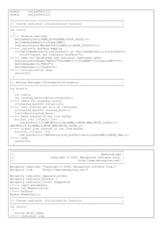 double ind_buffer1[];
double ind_buffer2[];
//+------------------------------------------------------------------+
//| Custom indicator initialization function |
//+------------------------------------------------------------------+
int init()
{
//---- drawing settings
SetIndexStyle(0,DRAW_HISTOGRAM,STYLE_SOLID,3);
SetIndexDrawBegin(1,SignalSMA);
IndicatorDigits(MarketInfo(Symbol(),MODE_DIGITS)+1);
//---- indicator buffers mapping
if(!SetIndexBuffer(0,ind_buffer1) && !SetIndexBuffer(1,ind_buffer2))
Print("cannot set indicator buffers!");
//---- name for DataWindow and indicator subwindow label
IndicatorShortName("MACD("+FastEMA+","+SlowEMA+","+SignalSMA+")");
SetIndexLabel(0,"MACD");
SetIndexLabel(1,"Signal");
//---- initialization done
return(0);
}
//+------------------------------------------------------------------+
//| Moving Averages Convergence/Divergence |
//+------------------------------------------------------------------+
int start()
{
int limit;
int counted_bars=IndicatorCounted();
//---- check for possible errors
if(counted_bars<0) return(-1);
//---- last counted bar will be recounted
if(counted_bars>0) counted_bars--;
limit=Bars-counted_bars;
//---- macd counted in the 1-st buffer
for(int i=0; i<limit; i++)
ind_buffer1[i]=iMA(NULL,0,FastEMA,0,MODE_EMA,PRICE_CLOSE,i)-
iMA(NULL,0,SlowEMA,0,MODE_EMA,PRICE_CLOSE,i);
//---- signal line counted in the 2-nd buffer
for(i=0; i<limit; i++)
ind_buffer2[i]=iMAOnArray(ind_buffer1,Bars,SignalSMA,0,MODE_SMA,i);
//---- done
return(0);
}
//+------------------------------------------------------------------+
//| Momentum.mq4 |
//| Copyright © 2004, MetaQuotes Software Corp. |
//| http://www.metaquotes.net/ |
//+------------------------------------------------------------------+
#property copyright "Copyright © 2004, MetaQuotes Software Corp."
#property link "http://www.metaquotes.net/"
#property indicator_separate_window
#property indicator_buffers 1
#property indicator_color1 DodgerBlue
//---- input parameters
extern int MomPeriod=14;
//---- buffers
double MomBuffer[];
//+------------------------------------------------------------------+
//| Custom indicator initialization function |
//+------------------------------------------------------------------+
int init()
{
string short_name;
//---- indicator line
 