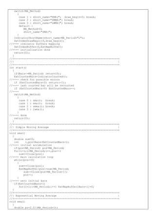 switch(MA_Method)
{
case 1 : short_name="EMA("; draw_begin=0; break;
case 2 : short_name="SMMA("; break;
case 3 : short_name="LWMA("; break;
default :
MA_Method=0;
short_name="SMA(";
}
IndicatorShortName(short_name+MA_Period+")");
SetIndexDrawBegin(0,draw_begin);
//---- indicator buffers mapping
SetIndexBuffer(0,ExtMapBuffer);
//---- initialization done
return(0);
}
//+------------------------------------------------------------------+
//| |
//+------------------------------------------------------------------+
int start()
{
if(Bars<=MA_Period) return(0);
ExtCountedBars=IndicatorCounted();
//---- check for possible errors
if (ExtCountedBars<0) return(-1);
//---- last counted bar will be recounted
if (ExtCountedBars>0) ExtCountedBars--;
//----
switch(MA_Method)
{
case 0 : sma(); break;
case 1 : ema(); break;
case 2 : smma(); break;
case 3 : lwma();
}
//---- done
return(0);
}
//+------------------------------------------------------------------+
//| Simple Moving Average |
//+------------------------------------------------------------------+
void sma()
{
double sum=0;
int i,pos=Bars-ExtCountedBars-1;
//---- initial accumulation
if(pos<MA_Period) pos=MA_Period;
for(i=1;i<MA_Period;i++,pos--)
sum+=Close[pos];
//---- main calculation loop
while(pos>=0)
{
sum+=Close[pos];
ExtMapBuffer[pos]=sum/MA_Period;
sum-=Close[pos+MA_Period-1];
pos--;
}
//---- zero initial bars
if(ExtCountedBars<1)
for(i=1;i<MA_Period;i++) ExtMapBuffer[Bars-i]=0;
}
//+------------------------------------------------------------------+
//| Exponential Moving Average |
//+------------------------------------------------------------------+
void ema()
{
double pr=2.0/(MA_Period+1);
 