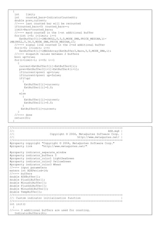 {
int limit;
int counted_bars=IndicatorCounted();
double prev,current;
//---- last counted bar will be recounted
if(counted_bars>0) counted_bars--;
limit=Bars-counted_bars;
//---- macd counted in the 1-st additional buffer
for(int i=0; i<limit; i++)
ExtBuffer3[i]=iMA(NULL,0,5,0,MODE_SMA,PRICE_MEDIAN,i)-
iMA(NULL,0,34,0,MODE_SMA,PRICE_MEDIAN,i);
//---- signal line counted in the 2-nd additional buffer
for(i=0; i<limit; i++)
ExtBuffer4[i]=iMAOnArray(ExtBuffer3,Bars,5,0,MODE_SMA,i);
//---- dispatch values between 2 buffers
bool up=true;
for(i=limit-1; i>=0; i--)
{
current=ExtBuffer3[i]-ExtBuffer4[i];
prev=ExtBuffer3[i+1]-ExtBuffer4[i+1];
if(current>prev) up=true;
if(current<prev) up=false;
if(!up)
{
ExtBuffer2[i]=current;
ExtBuffer1[i]=0.0;
}
else
{
ExtBuffer1[i]=current;
ExtBuffer2[i]=0.0;
}
ExtBuffer0[i]=current;
}
//---- done
return(0);
}
//+------------------------------------------------------------------+
//| ADX.mq4 |
//| Copyright © 2004, MetaQuotes Software Corp. |
//| http://www.metaquotes.net/ |
//+------------------------------------------------------------------+
#property copyright "Copyright © 2004, MetaQuotes Software Corp."
#property link "http://www.metaquotes.net/"
#property indicator_separate_window
#property indicator_buffers 3
#property indicator_color1 LightSeaGreen
#property indicator_color2 YellowGreen
#property indicator_color3 Wheat
//---- input parameters
extern int ADXPeriod=14;
//---- buffers
double ADXBuffer[];
double PlusDiBuffer[];
double MinusDiBuffer[];
double PlusSdiBuffer[];
double MinusSdiBuffer[];
double TempBuffer[];
//+------------------------------------------------------------------+
//| Custom indicator initialization function |
//+------------------------------------------------------------------+
int init()
{
//---- 3 additional buffers are used for counting.
IndicatorBuffers(6);
 