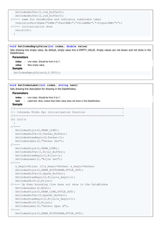 SetIndexBuffer(1,ind_buffer2);
SetIndexBuffer(2,ind_buffer3);
//---- name for DataWindow and indicator subwindow label
IndicatorShortName("OsMA("+FastEMA+","+SlowEMA+","+SignalSMA+")");
//---- initialization done
return(0);
}
void SetIndexEmptyValue(int index, double value)
Sets drawing line empty value. By default, empty value line is EMPTY_VALUE. Empty values are not drawn and not show in the
DataWindow.
Parameters
index - Line index. Should be from 0 to 7.
value - New empty value.
Sample
SetIndexEmptyValue(6,0.0001);
void SetIndexLabel(int index, string text)
Sets drawing line description for showing in the DataWindow.
Parameters
index - Line index. Should be from 0 to 7.
text - Label text. NULL means that index value does not show in the DataWindow.
Sample
//+------------------------------------------------------------------+
//| Ichimoku Kinko Hyo initialization function |
//+------------------------------------------------------------------+
int init()
{
//----
SetIndexStyle(0,DRAW_LINE);
SetIndexBuffer(0,Tenkan_Buffer);
SetIndexDrawBegin(0,Tenkan-1);
SetIndexLabel(0,"Tenkan Sen");
//----
SetIndexStyle(1,DRAW_LINE);
SetIndexBuffer(1,Kijun_Buffer);
SetIndexDrawBegin(1,Kijun-1);
SetIndexLabel(1,"Kijun Sen");
//----
a_begin=Kijun; if(a_begin<Tenkan) a_begin=Tenkan;
SetIndexStyle(2,DRAW_HISTOGRAM,STYLE_DOT);
SetIndexBuffer(2,SpanA_Buffer);
SetIndexDrawBegin(2,Kijun+a_begin-1);
SetIndexShift(2,Kijun);
//---- Up Kumo bounding line does not show in the DataWindow
SetIndexLabel(2,NULL);
SetIndexStyle(5,DRAW_LINE,STYLE_DOT);
SetIndexBuffer(5,SpanA2_Buffer);
SetIndexDrawBegin(5,Kijun+a_begin-1);
SetIndexShift(5,Kijun);
SetIndexLabel(5,"Senkou Span A");
//----
SetIndexStyle(3,DRAW_HISTOGRAM,STYLE_DOT);
 