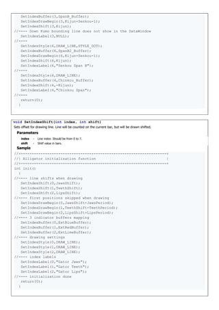 SetIndexBuffer(3,SpanB_Buffer);
SetIndexDrawBegin(3,Kijun+Senkou-1);
SetIndexShift(3,Kijun);
//---- Down Kumo bounding line does not show in the DataWindow
SetIndexLabel(3,NULL);
//----
SetIndexStyle(6,DRAW_LINE,STYLE_DOT);
SetIndexBuffer(6,SpanB2_Buffer);
SetIndexDrawBegin(6,Kijun+Senkou-1);
SetIndexShift(6,Kijun);
SetIndexLabel(6,"Senkou Span B");
//----
SetIndexStyle(4,DRAW_LINE);
SetIndexBuffer(4,Chinkou_Buffer);
SetIndexShift(4,-Kijun);
SetIndexLabel(4,"Chinkou Span");
//----
return(0);
}
void SetIndexShift(int index, int shift)
Sets offset for drawing line. Line will be counted on the current bar, but will be drawn shifted.
Parameters
index - Line index. Should be from 0 to 7.
shift - Shitf value in bars.
Sample
//+------------------------------------------------------------------+
//| Alligator initialization function |
//+------------------------------------------------------------------+
int init()
{
//---- line shifts when drawing
SetIndexShift(0,JawsShift);
SetIndexShift(1,TeethShift);
SetIndexShift(2,LipsShift);
//---- first positions skipped when drawing
SetIndexDrawBegin(0,JawsShift+JawsPeriod);
SetIndexDrawBegin(1,TeethShift+TeethPeriod);
SetIndexDrawBegin(2,LipsShift+LipsPeriod);
//---- 3 indicator buffers mapping
SetIndexBuffer(0,ExtBlueBuffer);
SetIndexBuffer(1,ExtRedBuffer);
SetIndexBuffer(2,ExtLimeBuffer);
//---- drawing settings
SetIndexStyle(0,DRAW_LINE);
SetIndexStyle(1,DRAW_LINE);
SetIndexStyle(2,DRAW_LINE);
//---- index labels
SetIndexLabel(0,"Gator Jaws");
SetIndexLabel(1,"Gator Teeth");
SetIndexLabel(2,"Gator Lips");
//---- initialization done
return(0);
}
 