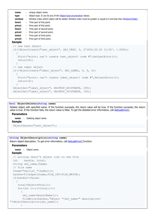 name - Unique object name.
type - Object type. It can be any of the Object type enumeration values.
window - Window index where object will be added. Window index must be greater or equal to 0 and less than WindowsTotal().
time1 - Time part of first point.
price1 - Price part of first point.
time2 - Time part of second point.
price2 - Price part of second point.
time3 - Time part of third point.
price3 - Price part of third point.
Sample
// new text object
if(!ObjectCreate("text_object", OBJ_TEXT, 0, D'2004.02.20 12:30', 1.0045))
{
Print("error: can't create text_object! code #",GetLastError());
return(0);
}
// new label object
if(!ObjectCreate("label_object", OBJ_LABEL, 0, 0, 0))
{
Print("error: can't create label_object! code #",GetLastError());
return(0);
}
ObjectSet("label_object", OBJPROP_XDISTANCE, 200);
ObjectSet("label_object", OBJPROP_YDISTANCE, 100);
bool ObjectDelete(string name)
Deletes object with specified name. If the function succeeds, the return value will be true. If the function succeeds, the return
value is true. If the function fails, the return value is false. To get the detailed error information, call GetLastError().
Parameters
name - Deleting object name.
Sample
ObjectDelete("text_object");
string ObjectDescription(string name)
Return object description. To get error information, call GetLastError() function.
Parameters
name - Object name.
Sample
// writing chart's object list to the file
int handle, total;
string obj_name,fname;
// file name
fname="objlist_"+Symbol();
handle=FileOpen(fname,FILE_CSV|FILE_WRITE);
if(handle!=false)
{
total=ObjectsTotal();
for(int i=-;i<total;i++)
{
obj_name=ObjectName(i);
FileWrite(handle,"Object "+obj_name+" description=
"+ObjectDescription(obj_name));
}
 