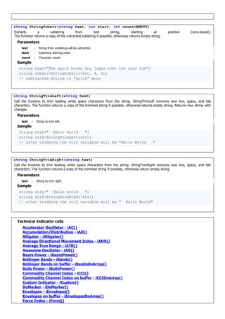 string StringSubstr(string text, int start, int count=EMPTY)
Extracts a substring from text string, starting at position (zero-based).
The function returns a copy of the extracted substring if possible, otherwise returns empty string.
Parameters
text - String from substring will be extracted.
start - Substring starting index
count - Character count.
Sample
string text="The quick brown dog jumps over the lazy fox";
string substr=StringSubstr(text, 4, 5);
// subtracted string is "quick" word
string StringTrimLeft(string text)
Call the function to trim leading white space characters from the string. StringTrimLeft removes new line, space, and tab
characters. The function returns a copy of the trimmed string if possible, otherwise returns empty string. Returns new string with
changes.
Parameters
text - String to trim left.
Sample
string str1=" Hello world ";
string str2=StringTrimLeft(str);
// after trimming the str2 variable will be "Hello World "
string StringTrimRight(string text)
Call the function to trim leading white space characters from the string. StringTrimRight removes new line, space, and tab
characters. The function returns a copy of the trimmed string if possible, otherwise return empty string.
Parameters
text - String to trim right.
Sample
string str1=" Hello world ";
string str2=StringTrimRight(str);
// after trimming the str2 variable will be " Hello World"
Technical Indicator calls
Accelerator Oscillator - iAC()
Accumulation/Distribution - iAD()
Alligator - iAlligator()
Average Directional Movement Index - iADX()
Average True Range - iATR()
Awesome Oscillator - iAO()
Bears Power - iBearsPower()
Bollinger Bands - iBands()
Bollinger Bands on buffer - iBandsOnArray()
Bulls Power - iBullsPower()
Commodity Channel Index - iCCI()
Commodity Channel Index on buffer - iCCIOnArray()
Custom Indicator - iCustom()
DeMarker - iDeMarker()
Envelopes - iEnvelopes()
Envelopes on buffer - iEnvelopesOnArray()
Force Index - iForce()
 