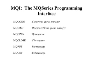 MQI: The MQSeries Programming
          Interface
 MQCONN    Connect to queue manager

 MQDISC    Disconnect from queue manager

 MQOPEN    Open queue

 MQCLOSE   Close queue

 MQPUT     Put message

 MQGET     Get message
 