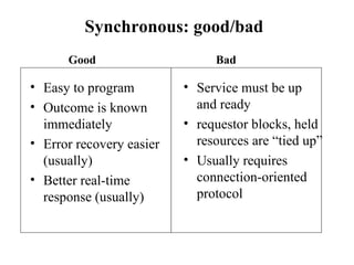 Synchronous: good/bad
      Good                     Bad

• Easy to program         • Service must be up
• Outcome is known          and ready
  immediately             • requestor blocks, held
• Error recovery easier     resources are “tied up”
  (usually)               • Usually requires
• Better real-time          connection-oriented
  response (usually)        protocol
 