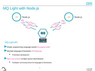© 2014 IBM
Corporation
MQ Light with Node.js
21
MQ
Light
MQ
Light
Simple, programming Language neutral messaging model
Idiomatic language & framework API Mappings
• Frictionless development
Open wire protocol & Open source client libraries
• Facilitates community drivers for languages & frameworks
MQ Light API
 