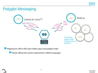 © 2014 IBM
Corporation
Polyglot Messaging
22
MQ
Light
.rb
……
.py
Community
support. IBM
Priority based on
feedback.
JMS
Mapping from JMS to MQ Light enables apps using polyglot model.
Worker offload with workers implemented in different languages.
.php
 