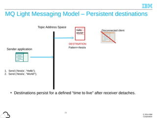 © 2014 IBM
Corporation
29
MQ Light Messaging Model – Persistent destinations
• Destinations persist for a defined “time to live” after receiver detaches.
1. Send (‘/test/a’, “Hello”);
2. Send (‘/test/a’, “World!”);
Topic Address Space
Sender application
Hello
World!
DESTINATION
Pattern=/test/a
Disconnected client
 