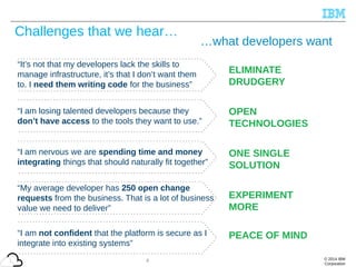 © 2014 IBM
Corporation
ELIMINATE
DRUDGERY
“It’s not that my developers lack the skills to
manage infrastructure, it’s that I don’t want them
to. I need them writing code for the business”
OPEN
TECHNOLOGIES
ONE SINGLE
SOLUTION
EXPERIMENT
MORE
PEACE OF MIND
“I am losing talented developers because they
don’t have access to the tools they want to use.”
“I am nervous we are spending time and money
integrating things that should naturally fit together”
“My average developer has 250 open change
requests from the business. That is a lot of business
value we need to deliver”
“I am not confident that the platform is secure as I
integrate into existing systems”
…what developers want
6
Challenges that we hear…
 