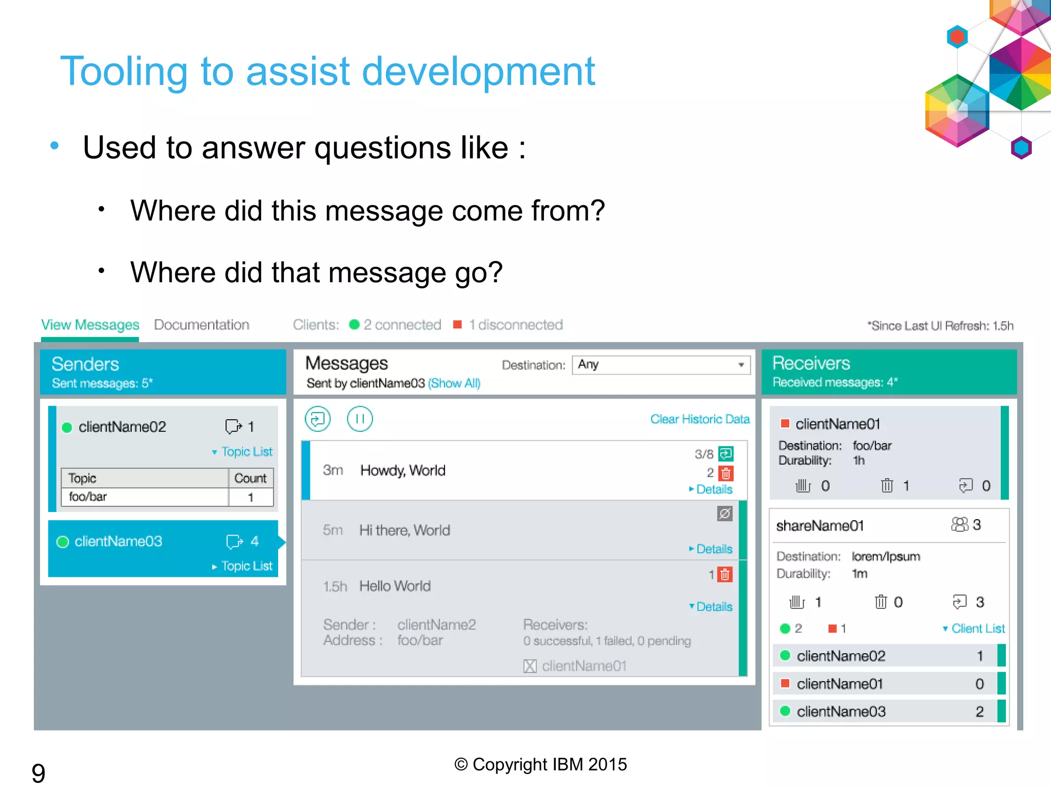 © Copyright IBM 2015
Tooling to assist development
• Used to answer questions like :
• Where did this message come from?
• Where did that message go?
• What messages has my app consumed?
9
 