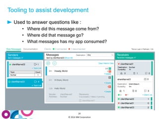 Tooling to assist development 
Used to answer questions like : 
• Where did this message come from? 
• Where did that message go? 
• What messages has my app consumed? 
20 
© 2014 IBM Corporation 
 
