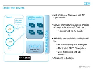 © 2014 IBM Corporation 
Under the covers 
App 
Monitoring & Ops 
Bluemix 
MQ Light service 
Runtime 
Replicated GPFS 
Filesystem 
QM 
QM 
QM 
QM 
QM 
QM 
QM 
QM 
Service 
Lookup 
 MQ V8 Queue Managers with MQ 
Light support. 
 Service architecture uses best practice 
from our enterprise MQ Customers 
 Transformed for the cloud. 
 Reliability and availability underpinned 
by: 
 Multi-instance queue managers 
 Replicated GPFS Fileysystem 
 24x7 Monitoring and Ops 
support. 
 All running in Softlayer 
App 
 