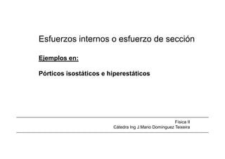 Esfuerzos internos o esfuerzo de sección

Ejemplos en:
 j p

Pórticos isostáticos e hiperestáticos




                                                      Física II
                        Cátedra Ing J.Mario Domínguez Teixeira
 