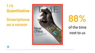 Dey, A. K., Wac, K., Ferreira, D., Tassini, K., Hong, J. H., & Ramos, J. (2011). Getting closer: An Empirical Investigation Of The Proximity Of User To Their Smart Phones. In Proceedings of the ACM UBICOMP.
Smartphone
as a sensor
88%
of the time
next to us
1 /4
Quantitative
 