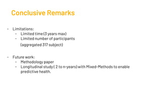Conclusive Remarks
- Limitations:
- Limited time (3 years max)
- Limited number of participants
(aggregated 317 subject)
- Future work:
- Methodology paper
- Longitudinal study ( 2 to n-years) with Mixed-Methods to enable
predictive health.
 