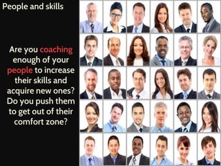 People and skills
Are you coaching
enough of your
people to increase
their skills and
acquire new ones?
Do you push them
to get out of their
comfort zone?
 