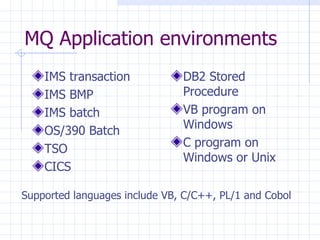 MQ Application environments IMS transaction IMS BMP IMS batch OS/390 Batch TSO CICS DB2 Stored Procedure VB program on Windows C program on Windows or Unix Supported languages include VB, C/C++, PL/1 and Cobol 