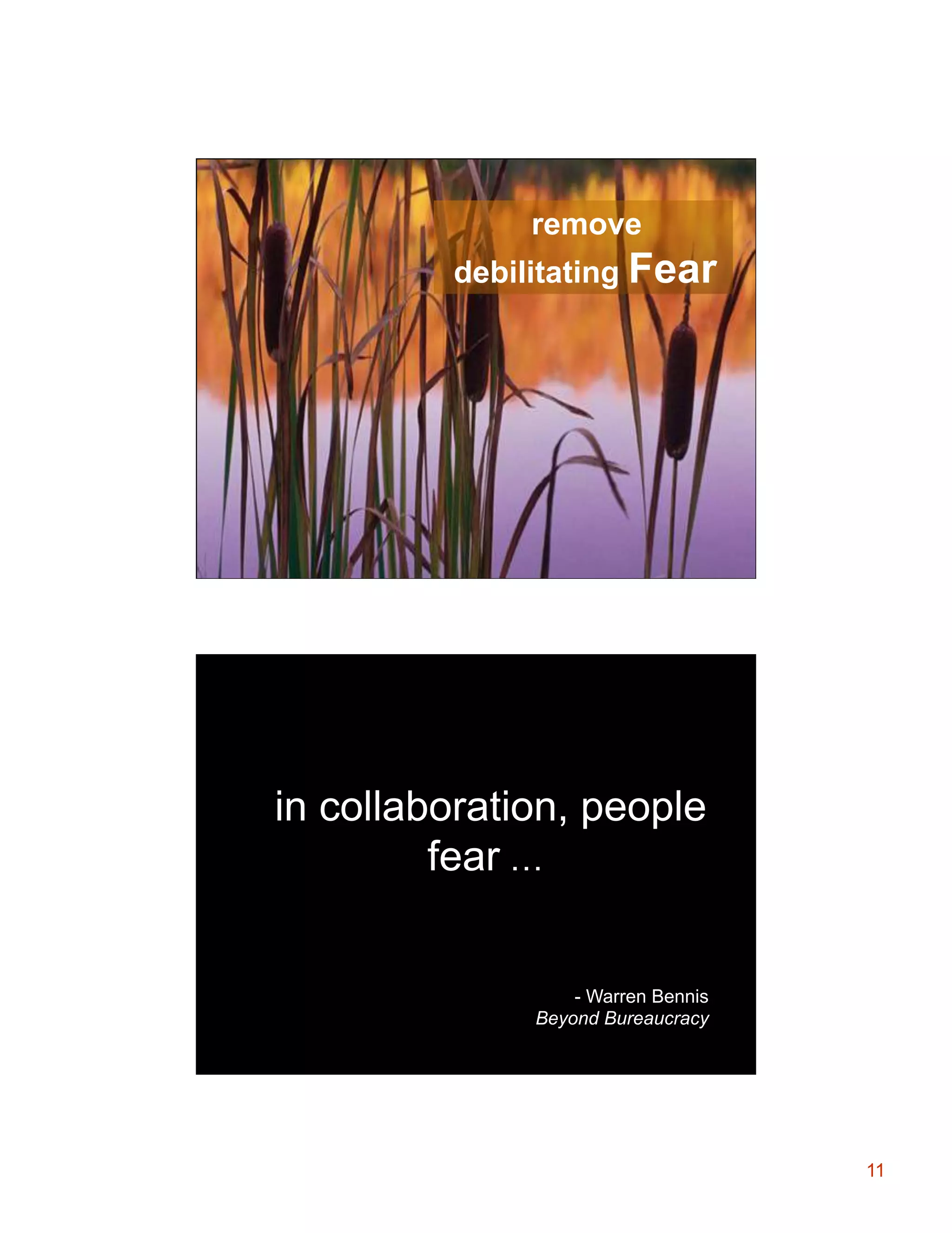 Project Management

remove

debilitating Fear

§  Dependency Management

in collaboration, people
fear …

- Warren Bennis
Beyond Bureaucracy

11

 