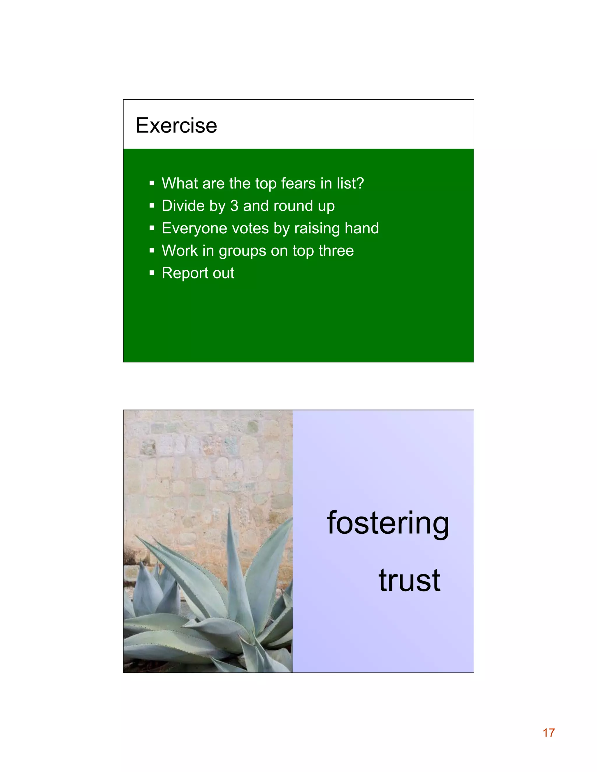 Exercise
§  What are the top fears in list?
§  Divide by 3 and round up
§  Everyone votes by raising hand
§  Work in groups on top three
§  Report out

fostering
trust

17

 