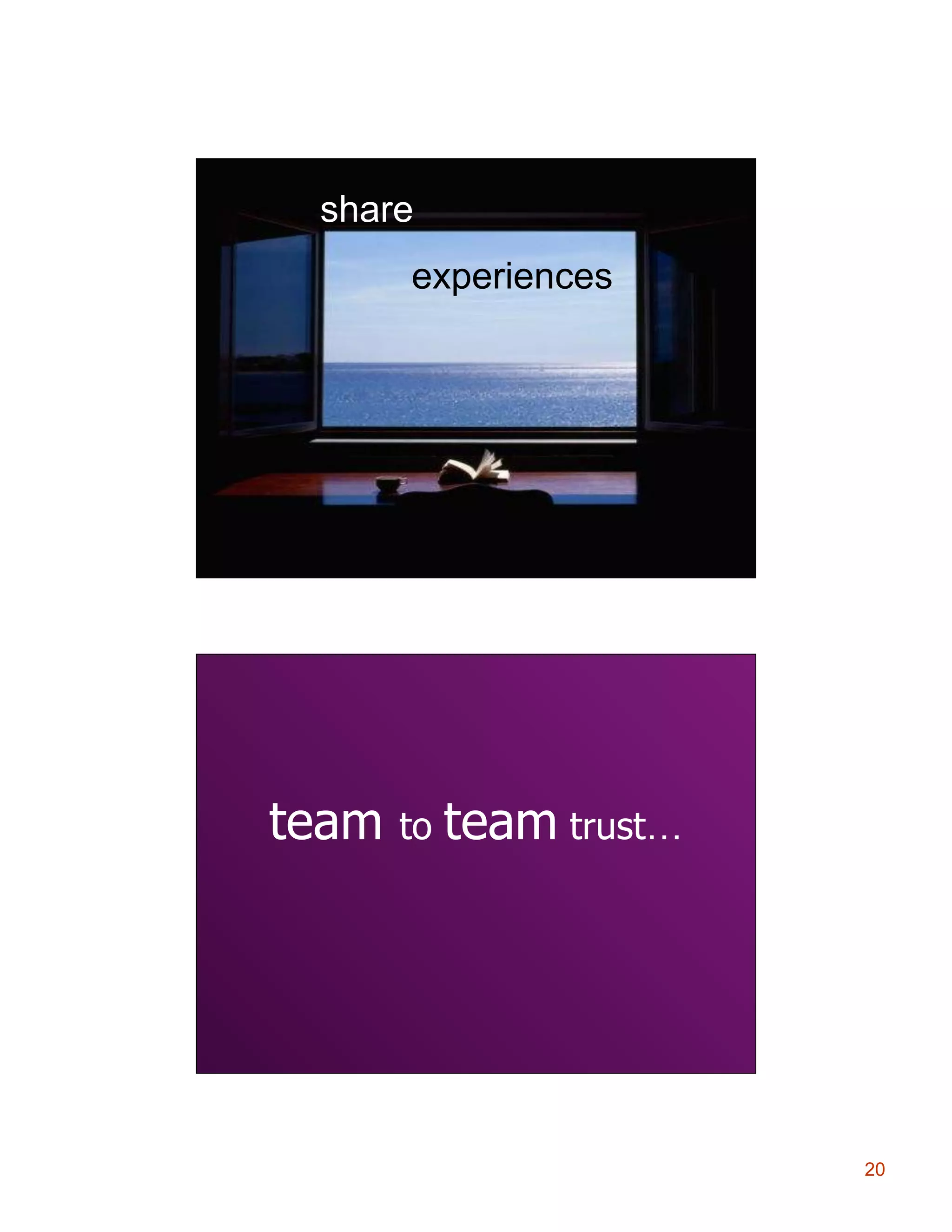 share
§  Build the right product

experiences

team

to

team trust…

20

 