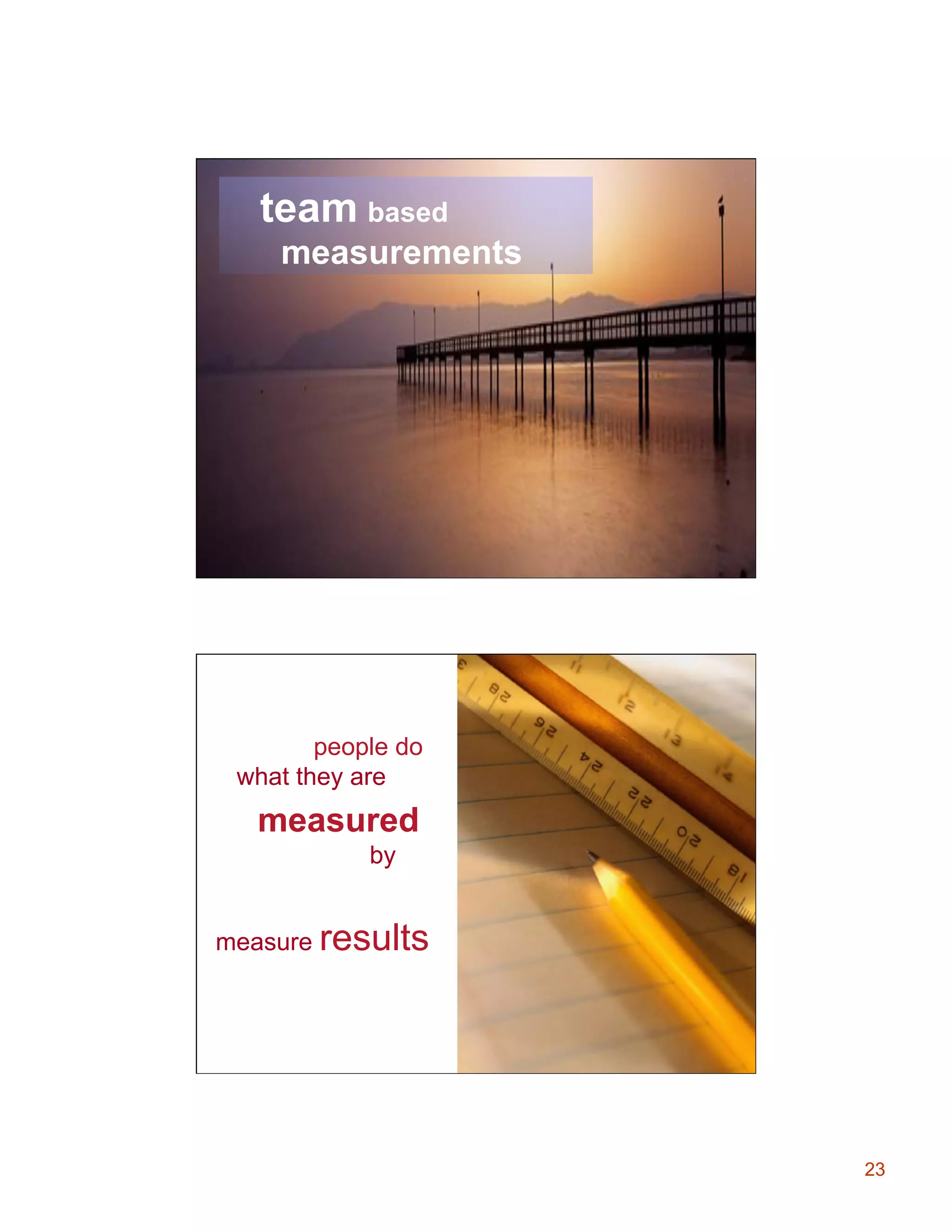 Leading
team based Agile
measurements
§  Collaboration Model
§  Collaboration Process

people do
what they are

measured
by
measure results

23

 